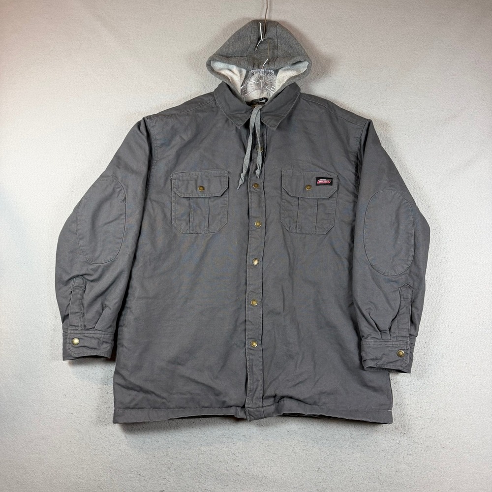 Dickies Shirt Jacket Mens XL Hooded Canvas Gray Elbow Patch Button Down